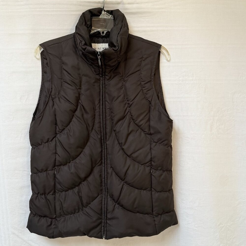 Nine West Vest Women Medium Black Down Filled Quilted Puffer Pockets High Collar